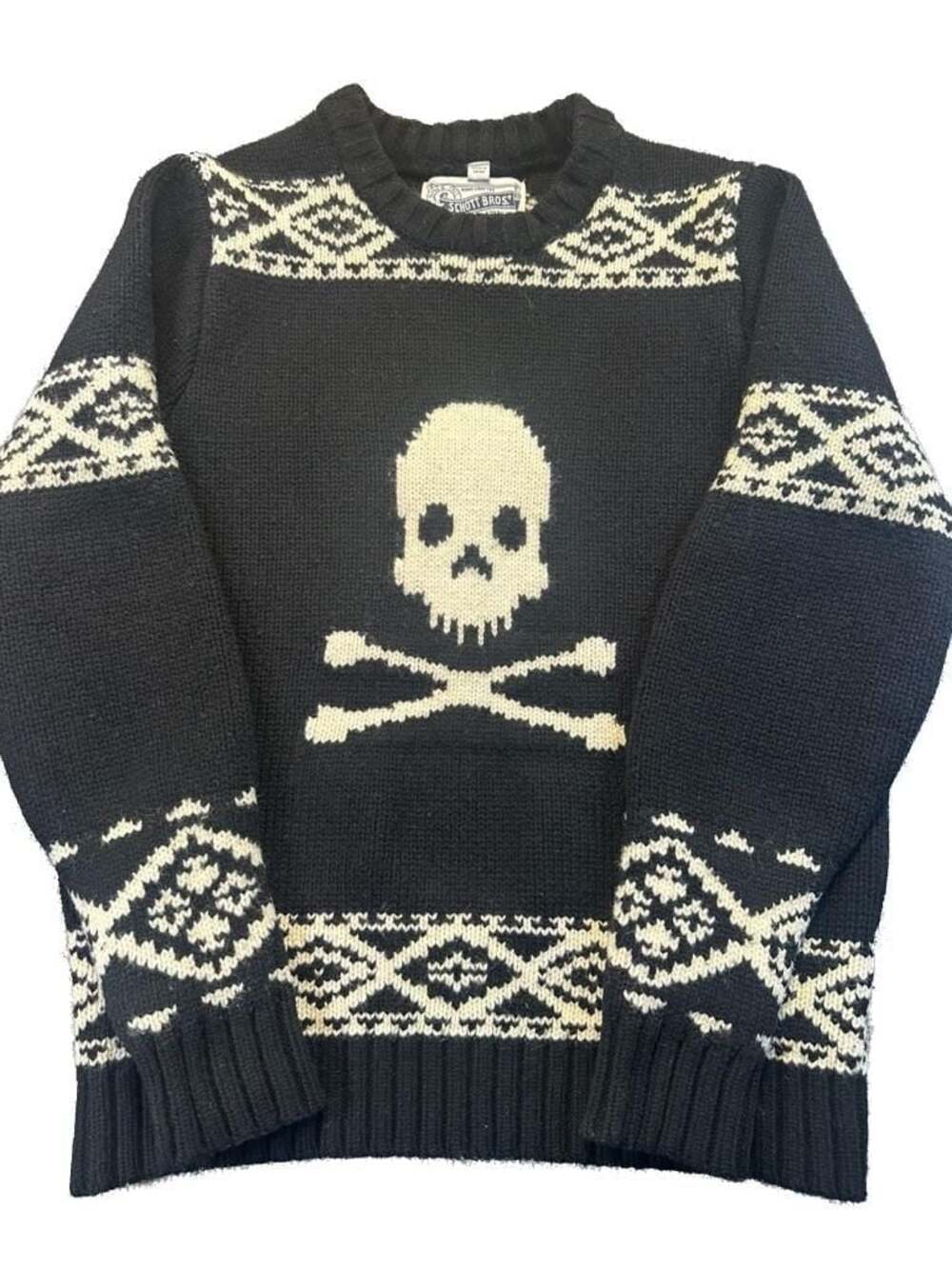 Schott Bros. Skull and Crossbones Crewneck Knit Wool Blend Heritage Goth Sweater